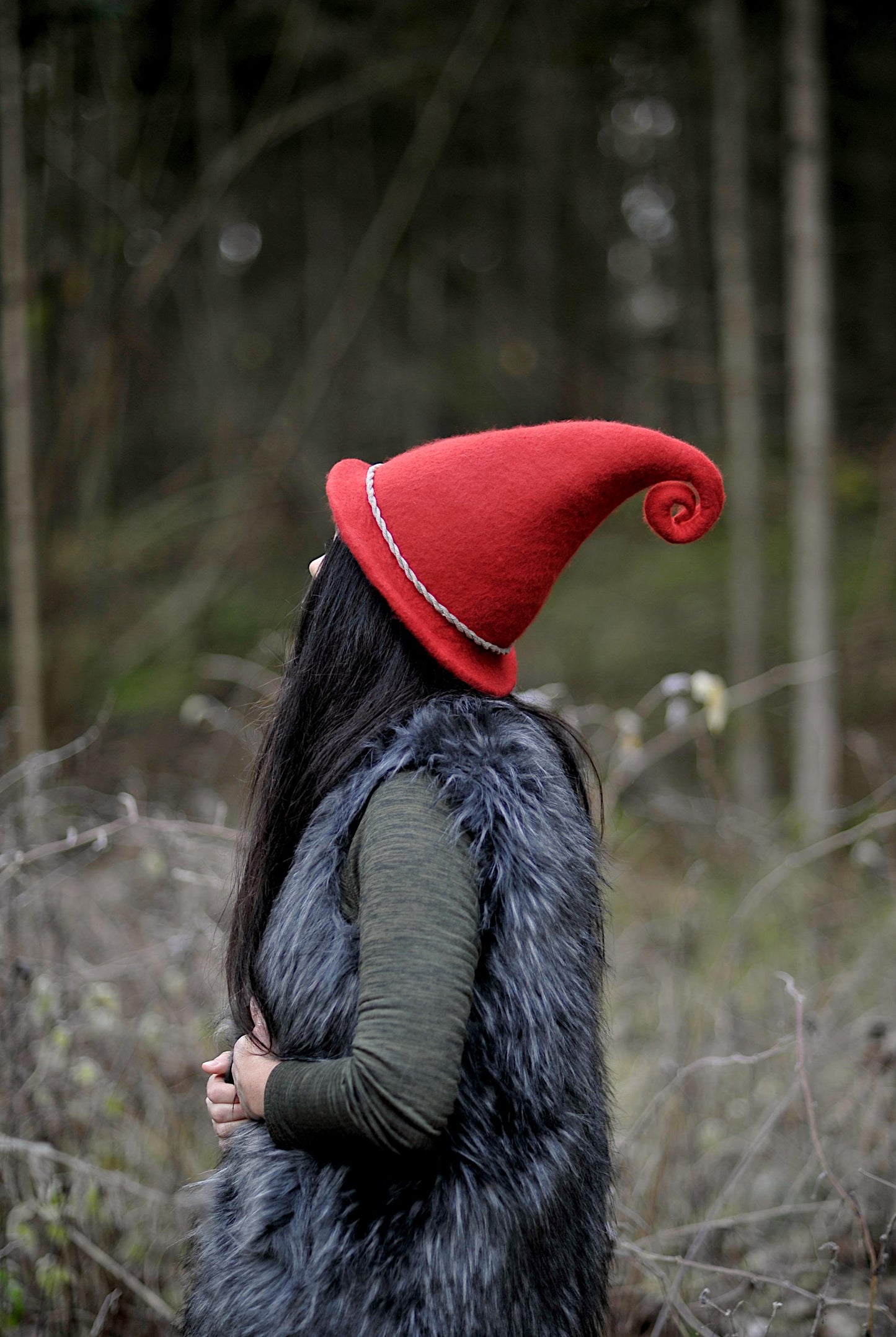 felted wool red elf hat curly end