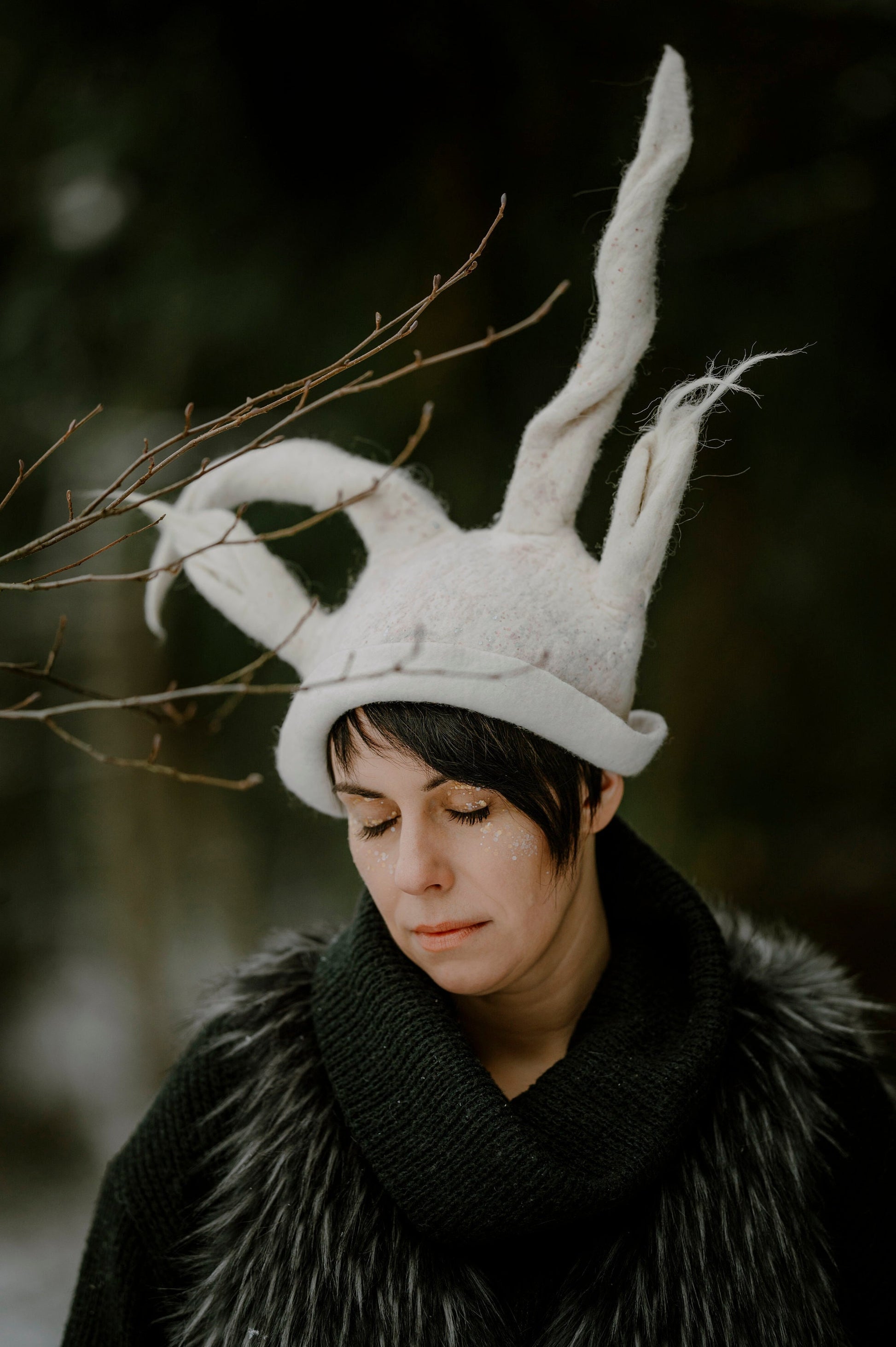 hand felted wool white rabbit creature costume hat