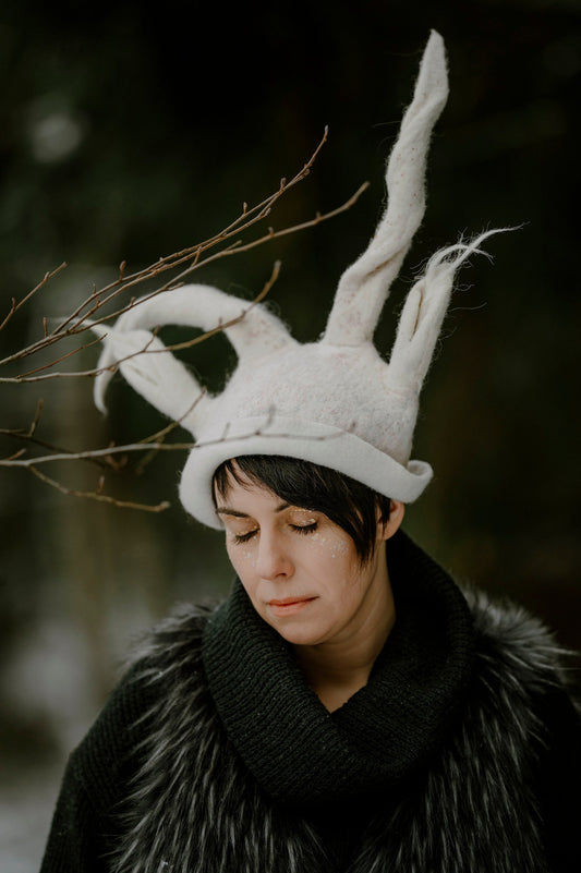 hand felted wool white rabbit creature costume hat