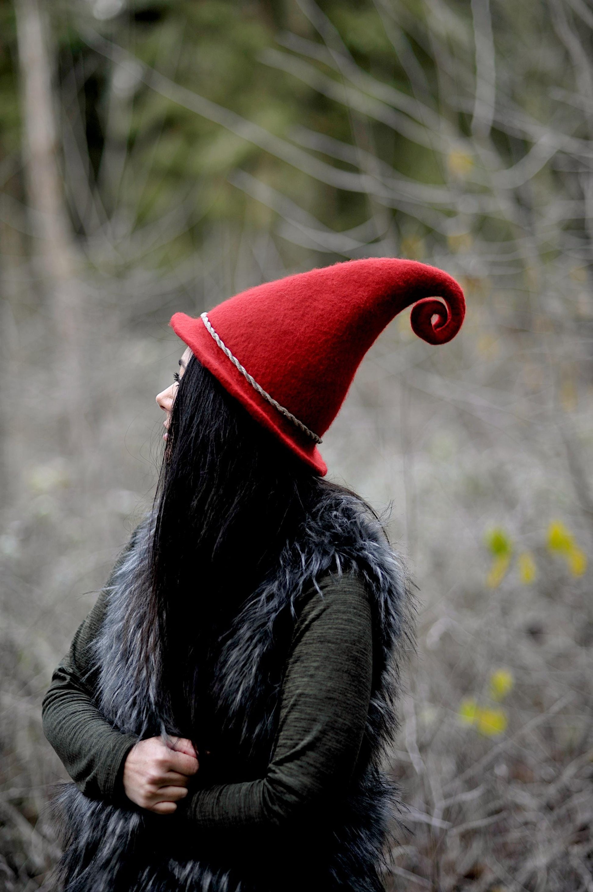 felted wool red elf hat curly end