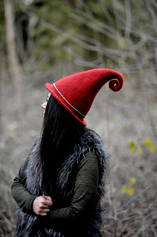 felted wool red elf hat curly end