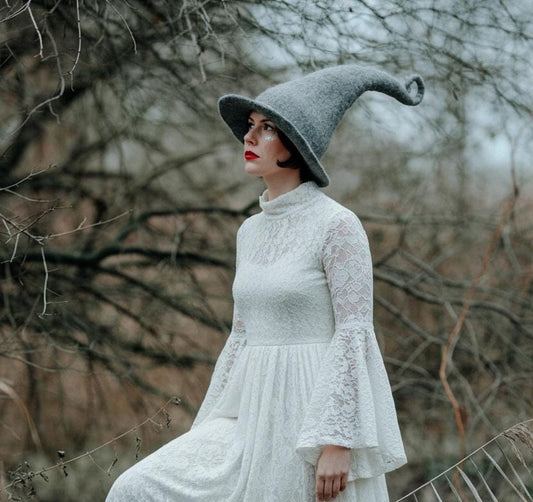 long pointy gray witch hat