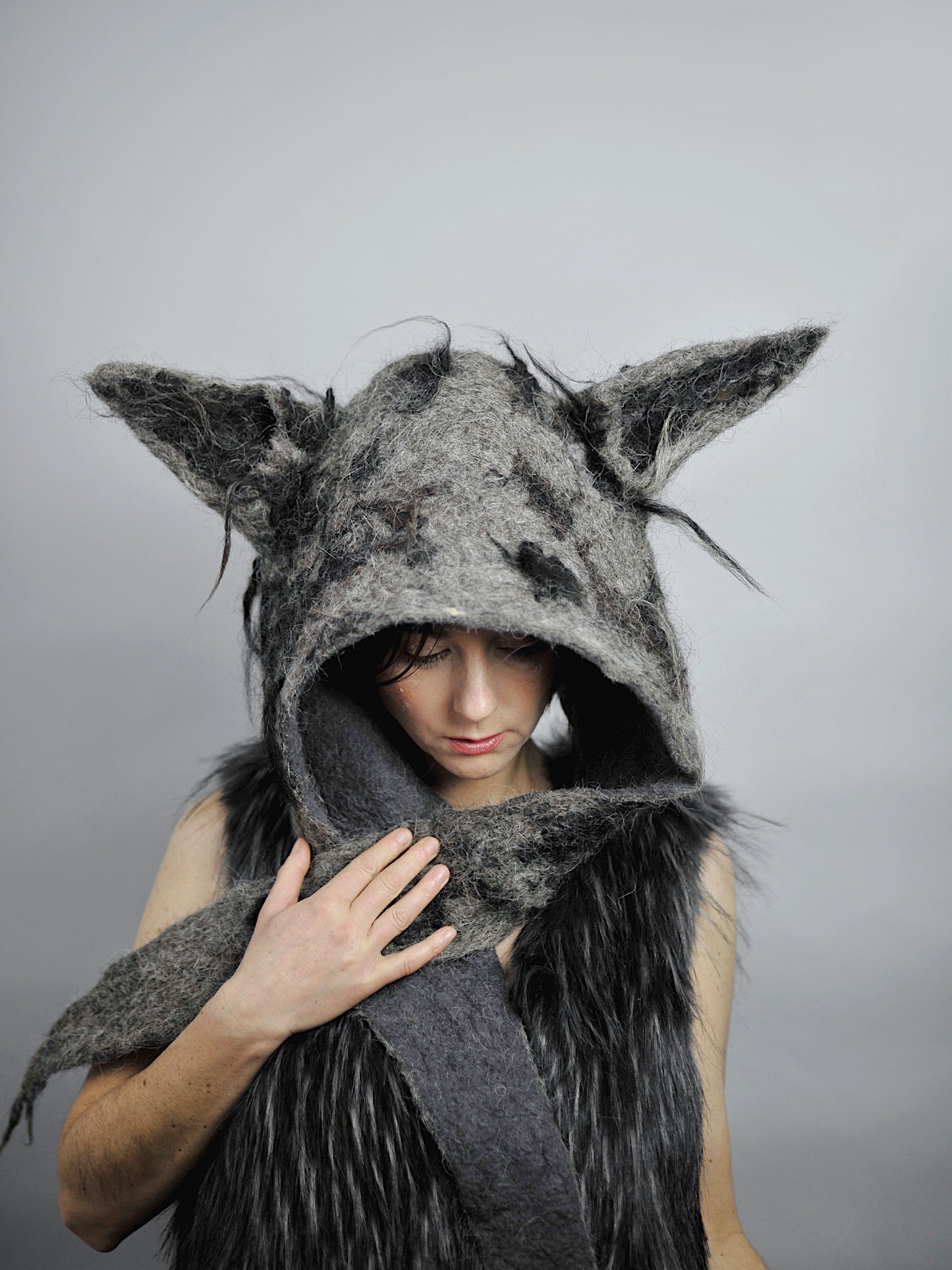 Hand Felted Wolf Headdress. Woolen Wolf Hood