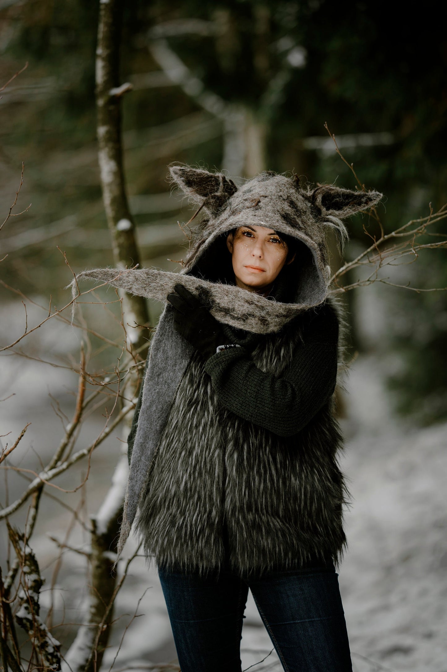 Hand Felted Wolf Headdress. Woolen Wolf Hood