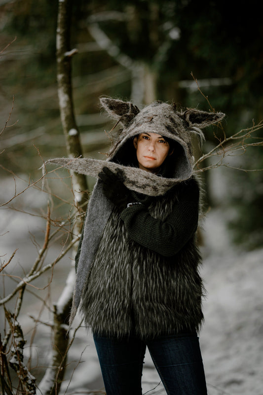 Hand Felted Wolf Headdress. Woolen Wolf Hood