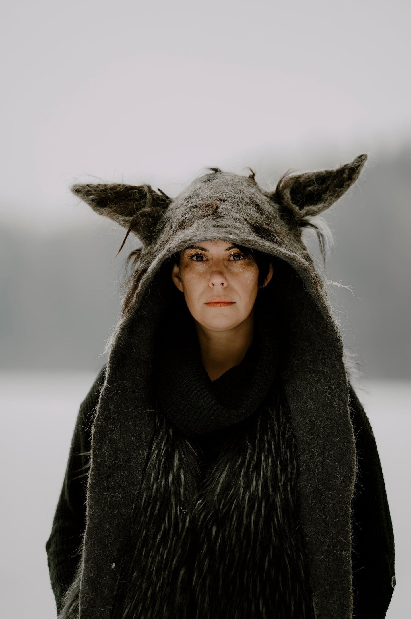 Hand Felted Wolf Headdress. Woolen Wolf Hood