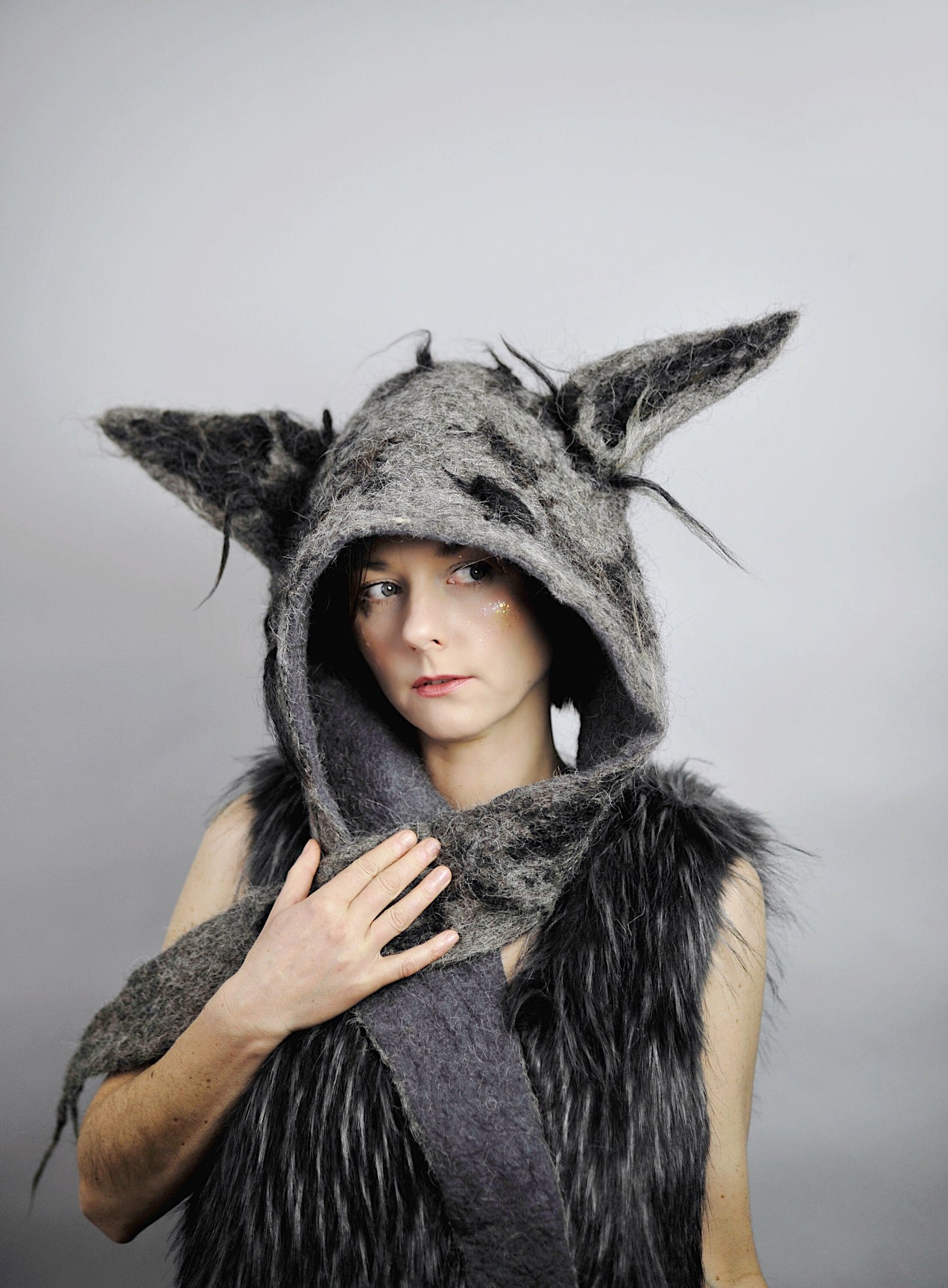 Hand Felted Wolf Headdress. Woolen Wolf Hood