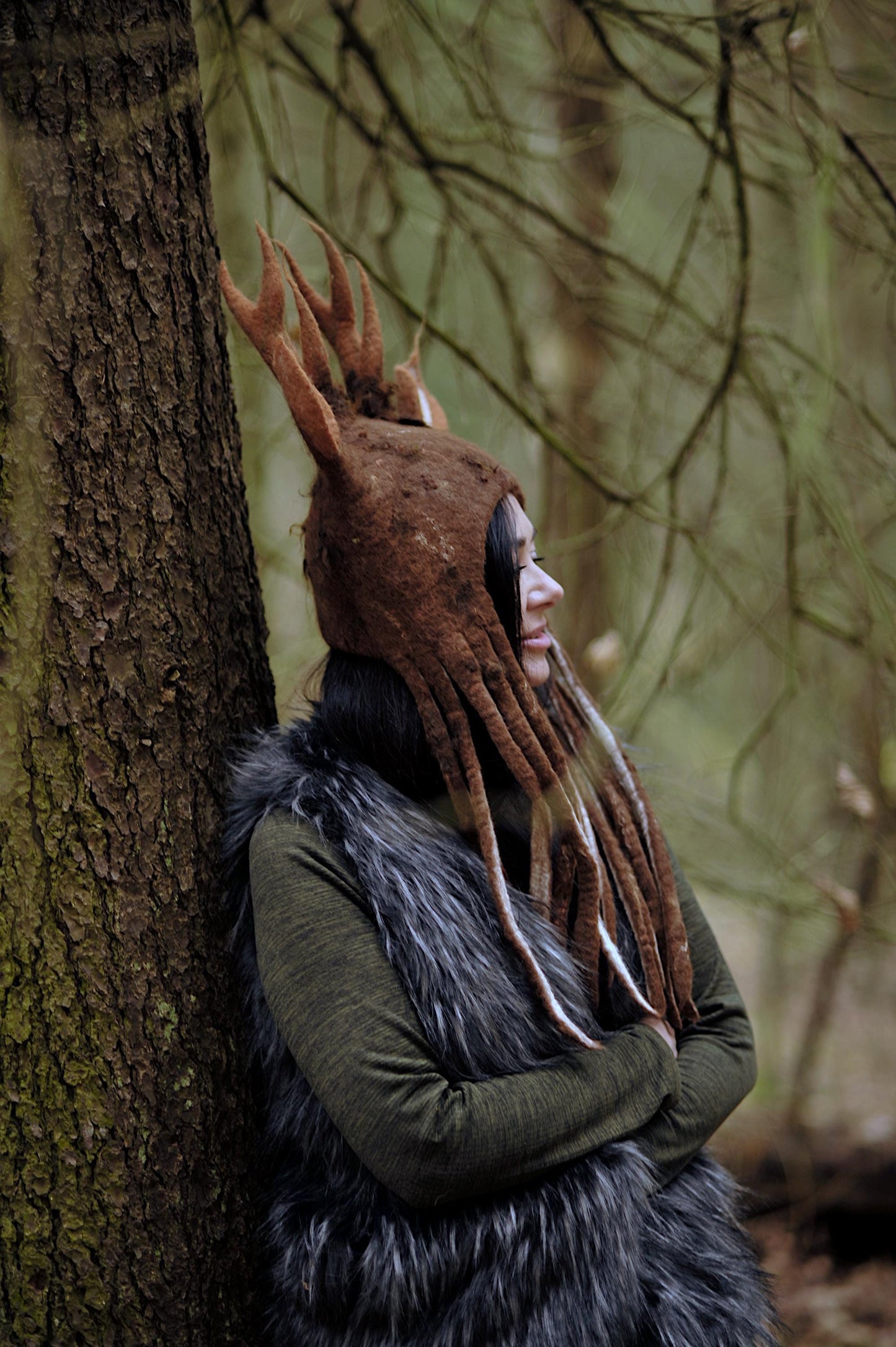 Alpaca&Merino Wool Deer Antler Hat with Dreads
