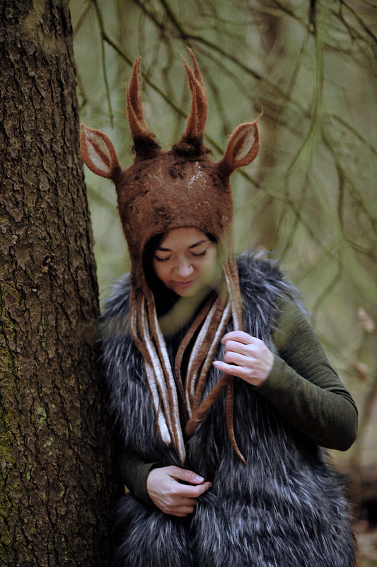 Felted Merino Wool Deer Antler Hat