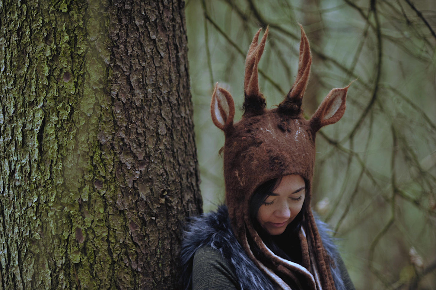 Alpaca&Merino Wool Deer Antler Hat with Dreads