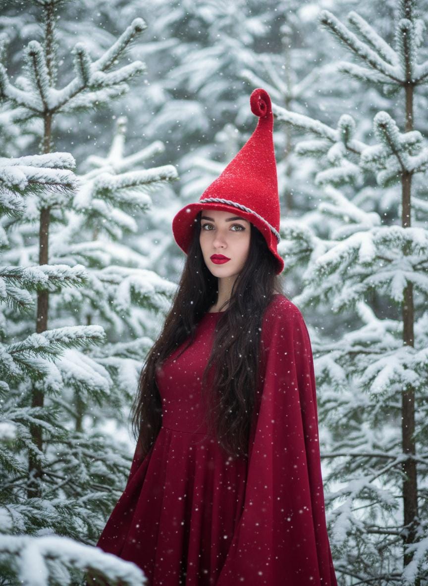 felted wool red wlf hat with curly top