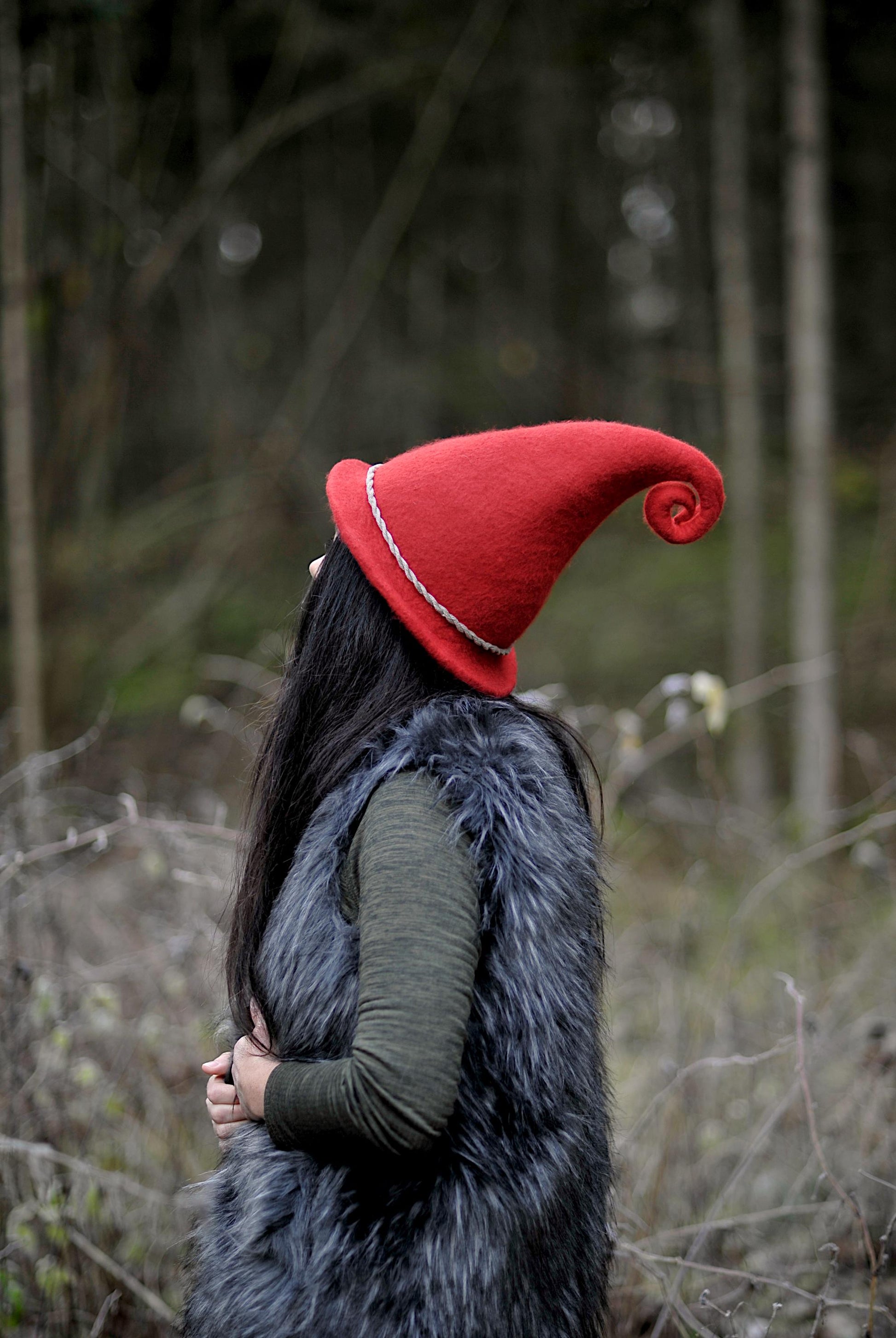 felted wool red elf hat curly end